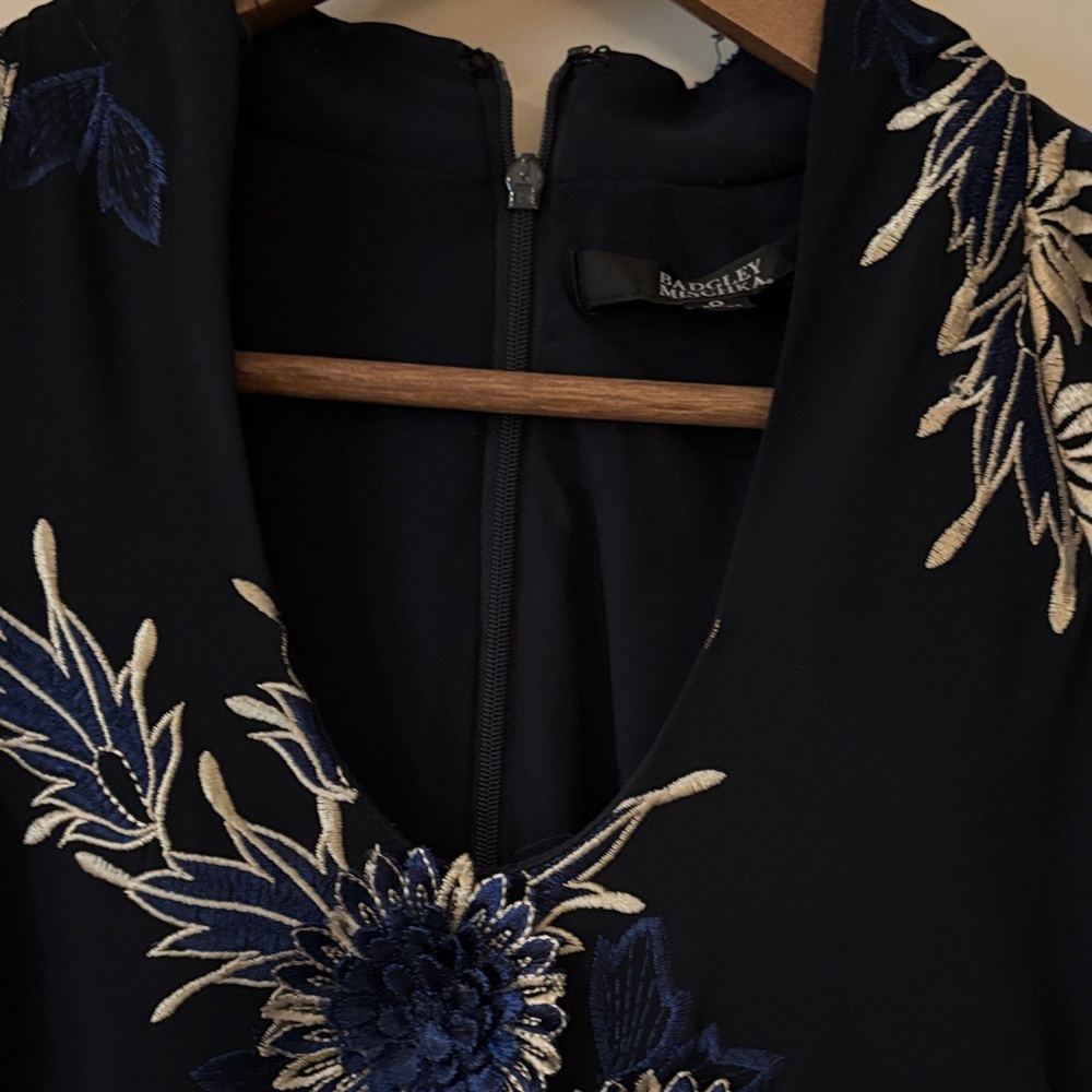 Badgley Mischka Navy Midi Dress with White & Blue Embroidered Floral Print - Picture 16 of 16